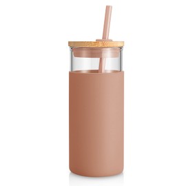 Tronco 20 oz Glass Tumbler with Lid and Straw, Iced Coffee Cup and Smoothie Cup with Bamboo Lids & Protective Silicone Sleeve, Dishwasher Safe, BPA-Free, Glass Cup 1 Pack