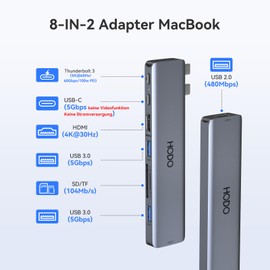 HODO USB C Adapter for MacBook Pro Air, MacBook Hub 8 in 2, MacBook Accessories with 4K HDMI, Thunderbolt 3 Port, USB 3.0, USB 2.0, SD and TF Card Slot for Mac Book M3 M2 M1 2024 2023 2022 2021