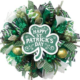 vivimemo St. Patrick's Day Wreath 20-inch Green Front Door Wreath Four-Leaf Clover Golden Ball St. Patrick's Day Celebration Decorated Party Patio Hallway Decorated