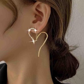 TseenYi Heart Rhinestone Drop Dangle Earrings Gold Crystal Heart Love Earrings Vintage CZ Heart Stud Earrings Small Double Heart Dangle Earrings Jewellery for Women and Girls, Crystal