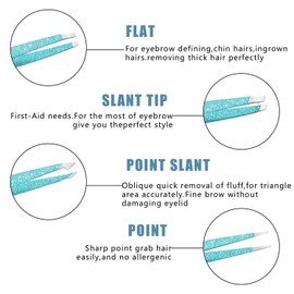 Tweezers Set 4-piece,Professional Stainless Steel Slant Tip and Pointed Craft Tweezers with Leather Case-Precision for Eyebrows,Ingrown Hair,Facial Hair,Blackhead and Lash Extension (Cyan)