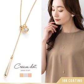 Cream Dot Necklace, Women's, Popular, Hypoallergenic, Nickel-free, 18k Coating, Lariat, Long Chain, Wire Bijou, Drop, Metal Ball, Adjustable Length, Alloy, cubic zirconia, 18k coating