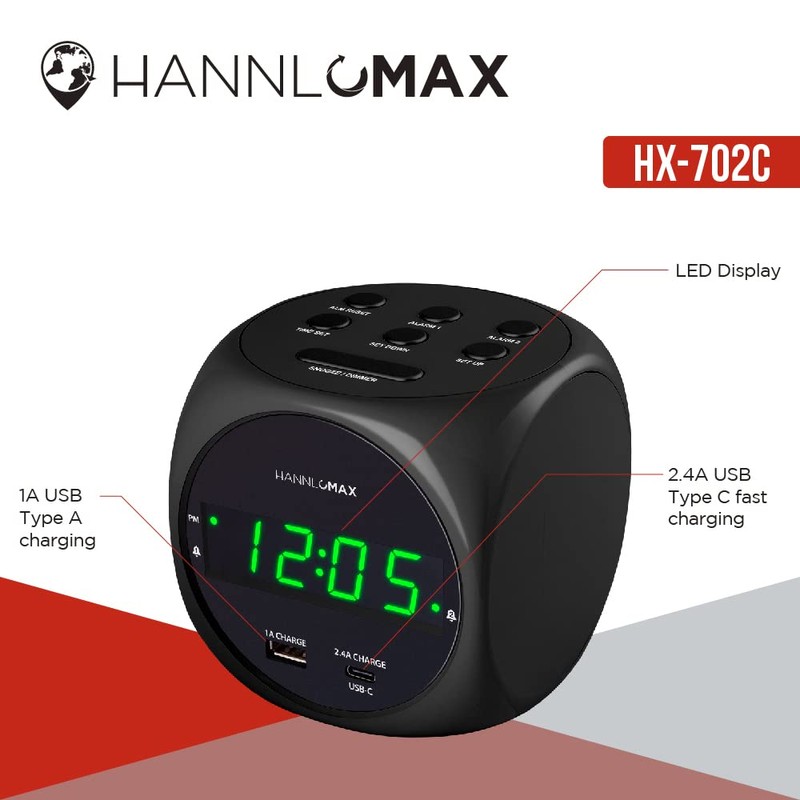 HANNLOMAX HX-702C Digital Clock with Dual Alarm, 0.7" Green LED