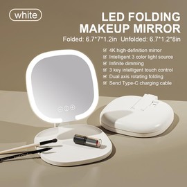 Rechargeable LED Travel Makeup Mirror, 3-Color Lighting, Dimmable Touch Screen, Multi Angle Adjustable, Foldable and Portable Desktop Vanity Mirror with Storage Tray (White)