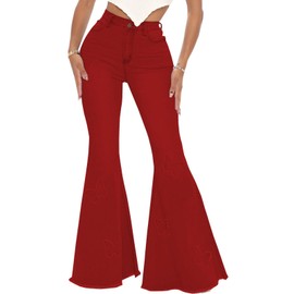 Red Bell Bottom Butterfly Jeans for Women Elastic High Waisted Raw Hem Classic Flared Jeans Embroidered Denim Long Pants(Red,Small)