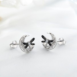 Twoowl Celtic Moon Earrings 925 Sterling Silver Dragonfly Stud Earrings Irish Celtic Jewelry Gifts for Women, Sterling Silver, Cubic Zirconia