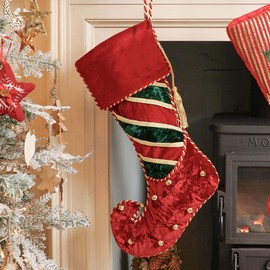 Dibor Luxury Festive Velvet Striped Elf Boot Stocking with Strong Hanging Loop (Z288)