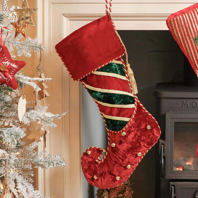 Dibor Luxury Festive Velvet Striped Elf Boot Stocking with Strong