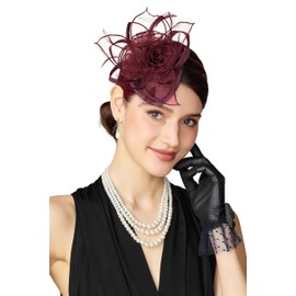 BABEYOND Fascinators Hats for Women - Tea Party Kentucky Fascinator Derby Church Pillbox Hat 50s Cocktail Headband for Party Wine Red
