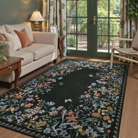 Lahome Boho Floral Black Washable 5x7 Area Rugs for Living Room, Non Slip Rugs for Bedroom, Indoor Throw Dining Room Carpet for Under Table Entryway Kitchen Office(Black,5x7)