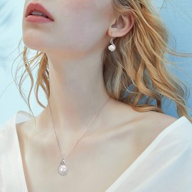 BriLove Women's Jewelry 925 Sterling Silver CZ Cream Freshwater Cultured Pearl Hollow Swirl Leaf Pendant Necklace Hook Dangle Earrings Set Clear, Christmas Birthday Mother's Day Gifts for Mom Wife