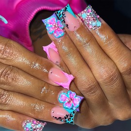 Jremg Colorful French Tip Press on Nails Duck Fake Nails with Rhinestones Designs Glossy Leopard Print French False Nails 3D Floral Full Cover Glue on Nails Reusable Acrylic Nails for Women 24Pcs