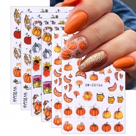 6Sheets Fall Nail Art Stickers 3D Nail Self-Adhesive Sticker Autumn Leaves Pumpkin Designs Nail Decals Ginkgo Leaf Pumpkin Dried Flower Autumn Thanksgiving for Women Girls DIY Nail Decorations