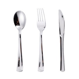 N9R 120PCS Silver Plastic Silverware, Silver Plastic Cutlery Set Disposable Flatware Dinnerware -60 Silver Forks, 30 Silver Spoons, 30 Silver Knives for Wedding, Party, Daily Use Silver Utensils