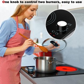 Karinear 110V Electric Cooktop 2 Burners, 12 Inch Electric Stovetop Knob Control, 110v Outlet Plug, Countertop Use or Built-in Radiant Cooktop, 9 Power Level Electric Ceramic Cooktop