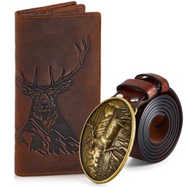 Paterrdeer Long Wallet for Men Deer Leather Bifold Rodeo Western Cowboy Wallet ID Window and Rfid Blocking Leather Belt Hole Puncher Accessory Set for Boyfriend Husband Father's Day Christmas Gift