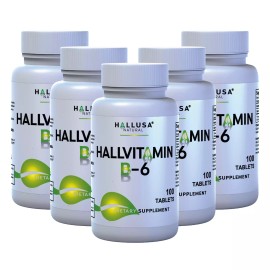 HALLUSA NATURAL HallVitamin B-6 100 mg - For Women and Men - Energy Metabolism - 100 TABS - 5 Bottle