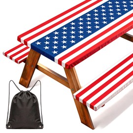 NUOLAN 6FT American Flag Picnic Table Cover with Bench Covers Set 250th Anniversary 4th of July Windproof Waterproof Fitted Tablecloth with Elastic for Patriotic Outdoor Decor Camping