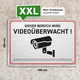HAGEFOL® Video Surveillance Sign (30 x 20 cm - Large) with DSGVO Notice, Includes 4 Drill Holes, Camera Warning for Surveillance Camera or Dummy Camera (Brushed Aluminium, 30 x 20 cm)