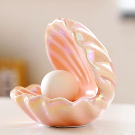 Desniltol LED Ceramic Shell Pearl Light, Portable Ocean-Inspired Night Light Tabletop Light, Streamer Fairy Shell Night Lamp for Bedside Living Room Home Decoration (Pink)