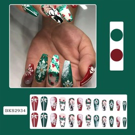Christmas Press on Nails Medium Coffin Fake Nails With Elk Snowflake Bow Designs Xmas Red Green Matte False Nails Full Cover Stick on Nails Winter Artificial Nails for Women Glue on Nails 24 Pcs