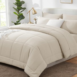 CozyLux Beige Comforter Set King - 7 Pieces King Size Comforter Set Bed in a Bag Beige, Bedding Sets King with All Season Quilted Comforter, Flat Sheet, Fitted Sheet, Pillowcases, Beige, King