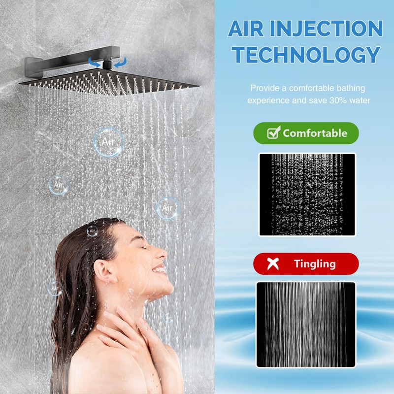 Black shower faucet set, Rain shower Head with Handheld Spray,