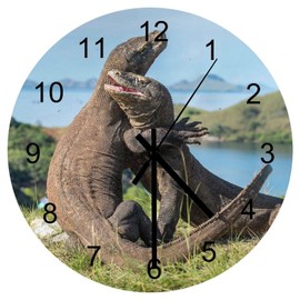 EQEY Komodo Dragon Wall Clock Silent Non Ticking Round Home Decor Wooden Wall Clock Round Easy to Read for Home Office School Clock, 12 Inch