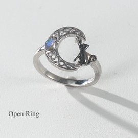 VONALA 925 Sterling Silver Black Cat Ring for Girls Celtic Moon Ring for Women Cat Jewelry Gifts Mother's Day