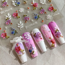 Flower Nail Stickers for Nail Art Decals YEFIUO Spring Retro Peony 5D Embossed Self-Adhesive Nail Art Stickers Charms Sliders Relief Design Summer Manicure DIY Supplies Stuff for Women