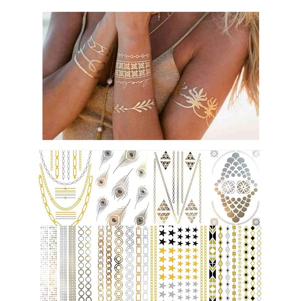 (Random Send T) Waterproof Gold and Silver Metallic Temporary Tattoos, Flash Fake Tattoo Stickers For Outdoor Body Arm Bracelets Decoration (1 Sheet)
