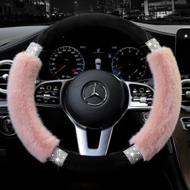 Achiou Rhinestone Fluffy Steering Wheel Cover - Comfortable Non-Slip Luxury Faux Wool, Universal Fit for 14.5" to 15" Steering Wheels