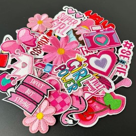 AXEN Embroidered Iron on Patches for Girls, Pink Girls Applique for Clothes, Hat, Backpack, Jeans, DIY Accessories, Pack of 30