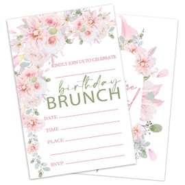 EULNNOI Birthday Brunch Invitations, Pink Floral Birthday Invite Cards With Envelopes, 20 Fill-In Style Party Invitations For Girls Women, Party Supplies Favors Decorations-010