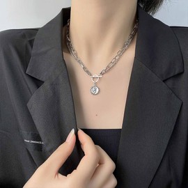 Iaceble Bohemia Layered Necklace Choker Coin Disc Pendant Necklace Chain Silver Portrait Coin Necklace Punk Chunky Chain Necklace Paperclip Toggle Clasp Jewelry for Women and Girls (silver)