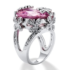 PalmBeach Silvertone Oval Cut Pink Cubic Zirconia Butterfly and Flower Ring Sizes 6-10 Size 6