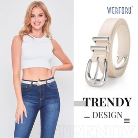 WERFORU Women Fashion Leather Waist Belt for Pants Jeans Ladies Western Thin Belt with Silver Buckle Beige