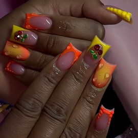 RUOKEXIN Fall Press on Nails Medium Length Fake Nails Duck False Nails with 3D Designs Orange French Tip Nail Press ons Sparkly Acrylic Artificial Nails for Women 24Pcs