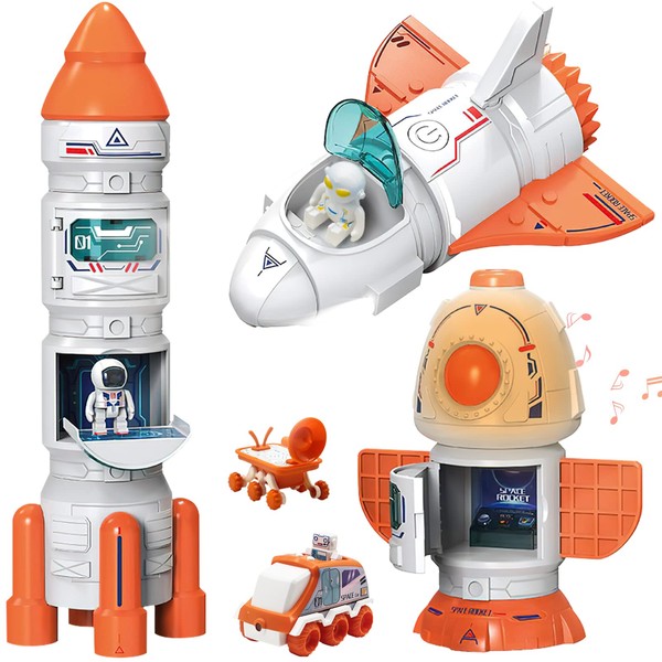 Mostop Space Toy for Kids Rocket Ship Toys with Space Shuttle, Astronaut Figures, Space Rover, Spaces Station, 5 in1 Spaceship Toy for children 3-8。