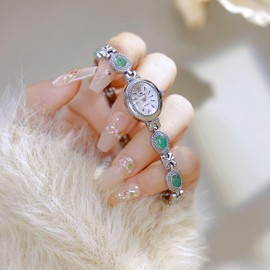 FANMIS Gold Watches for Women with Small Vintage Bracelet Elegant Jade Oval Dial Dress Watch Fashion Quartz Wrist Watch Waterproof Watch (Z Silver)