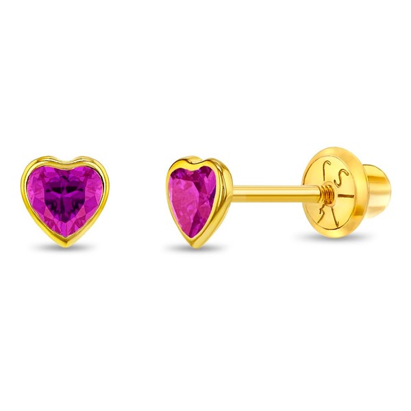 14k Yellow Gold 4mm Magenta Bezel Set Heart Cubic Zirconia