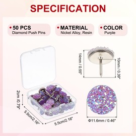 PATIKIL 50Pcs Diamond Push Pins, Glitter Rhinestone Decorative Thumb Tacks Shiny Push Pins for Cork Board Bulletin Board Photo Memo Wall Hangings, Purple