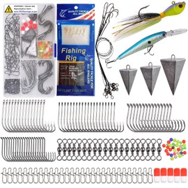 Saltwater Surf Fishing Tackle Kit,167pcs Surf Fishing Bait Rigs Bucktail Jig Saltwater Fishing Lures Pyramid Weights Wire Leaders Hooks Swivel Ocean Beach Fishing Gear Box