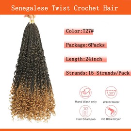 TOOPBIUTI Senegalese Twist Crochet Hair 24 Inch 6 Pack Boho Goddess Island Twist Pre-Looped Crochet Hair with Curly Ends (T27#, 24 Inch-6 Pieces)
