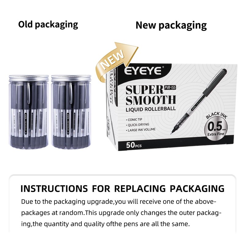 EYEYE Rollerball Pens 0.5mm Black 50 Pack, Extra Fine Point