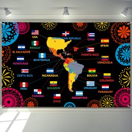 Arosche Hispanic Heritage Month Decorations Banner 72" x 48" Spanish Speaking Countries Flags Map Latino American Celebration Photography Holiday Backdrop for Indoor Outdoor Garden,Party Home Decor