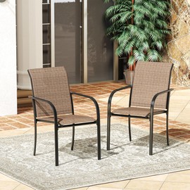 VICLLAX Patio Dining Chairs Set of 2, Stackable All Weather Outdoor Sling Back Chairs Set with Armrests for Poolside, Backyard, Garden, Deck, Porch, Brown