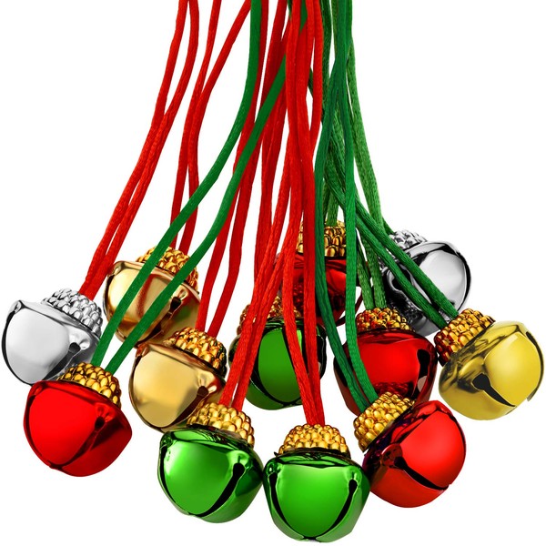 60 Pieces Christmas Bell Necklaces Christmas Holiday Necklaces for Christmas Supplies (Red, Green, Gold and Silver)