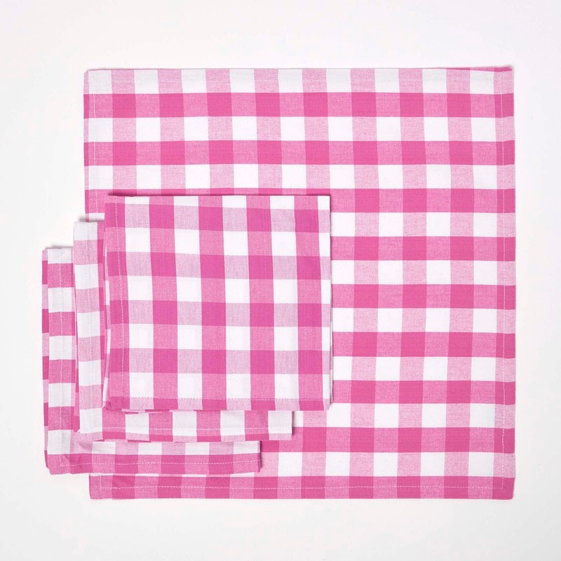 HOMESCAPES Set of 4 Pink Gingham Napkins Block Check Pattern