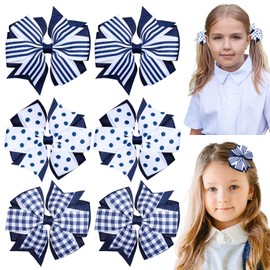 Whaline 6Pcs Back to School Uniform Hair Bow Clips Navy Blue Hexagonal Bow Hair Barrettes Grosgrain Ribbon Alligator Clips for School Hair Accessories, 3 Styles